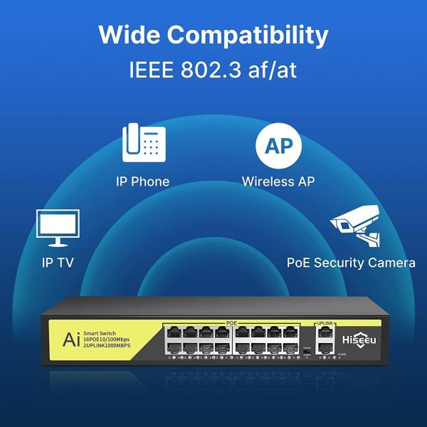 Smartvision Switch Gigabit 16 ports  POE-X16F20GB 【1000 MBPS】 Commutateur PoE 16 ports + liaison montante 2 Gigabit 1000 Mbps