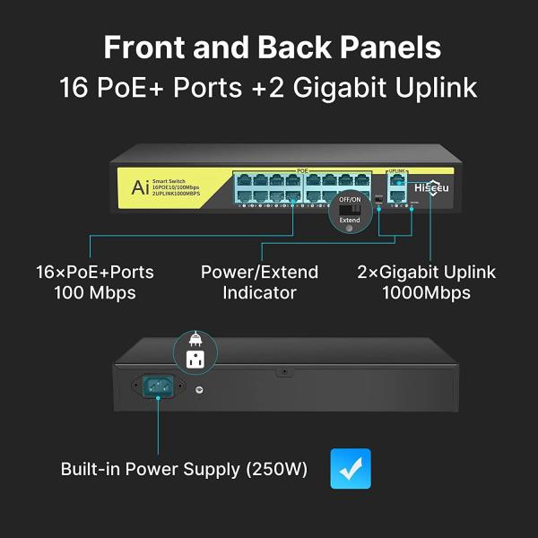 Smartvision Switch Gigabit 16 ports  POE-X16F20GB 【1000 MBPS】 Commutateur PoE 16 ports + liaison montante 2 Gigabit 1000 Mbps